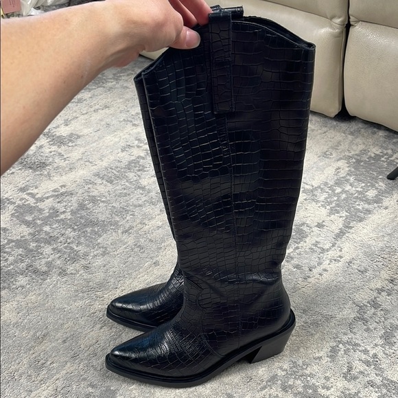 Alohas Mount Alli Croc Embossed Western Boot Black Leather Chunky Heel Sz 37 - Picture 5 of 15